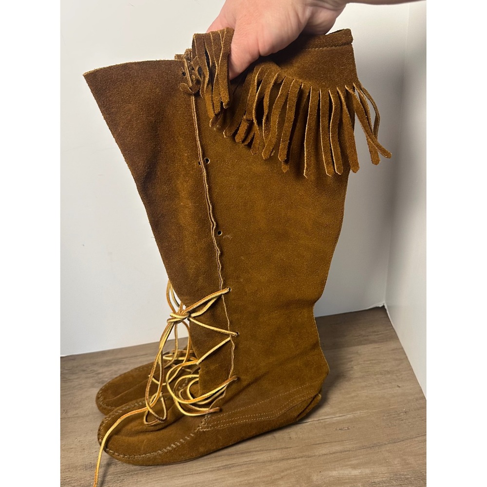 Vintage Suede Leather Fringe Lace Up Tall Moccasin Boots Women's Size 9 Brown‎